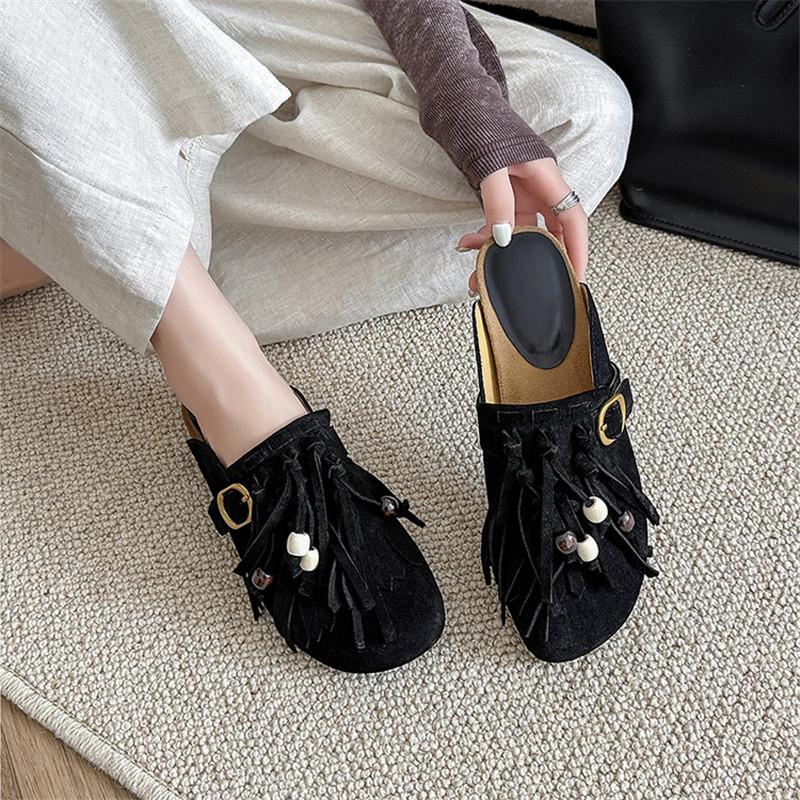 Fashion New Summer Slippers Cow Suede Slippers for Women Fashion Tassel Decoration Mules Round Toe Low Heels Cover Toe Slippers Sandals