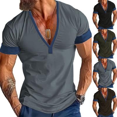 Summer Short-sleeved Casual Men's V-neck Plus-size Patchwork T-shirt