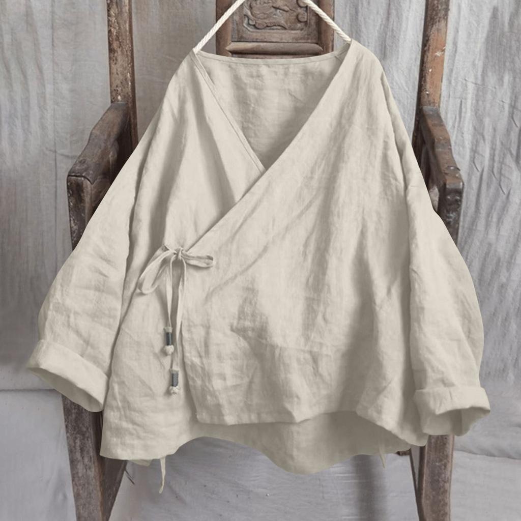 Womens Fashionable Solid Color V-neck Long Sleeved Lace Cotton And Linen Loose Shirt Top