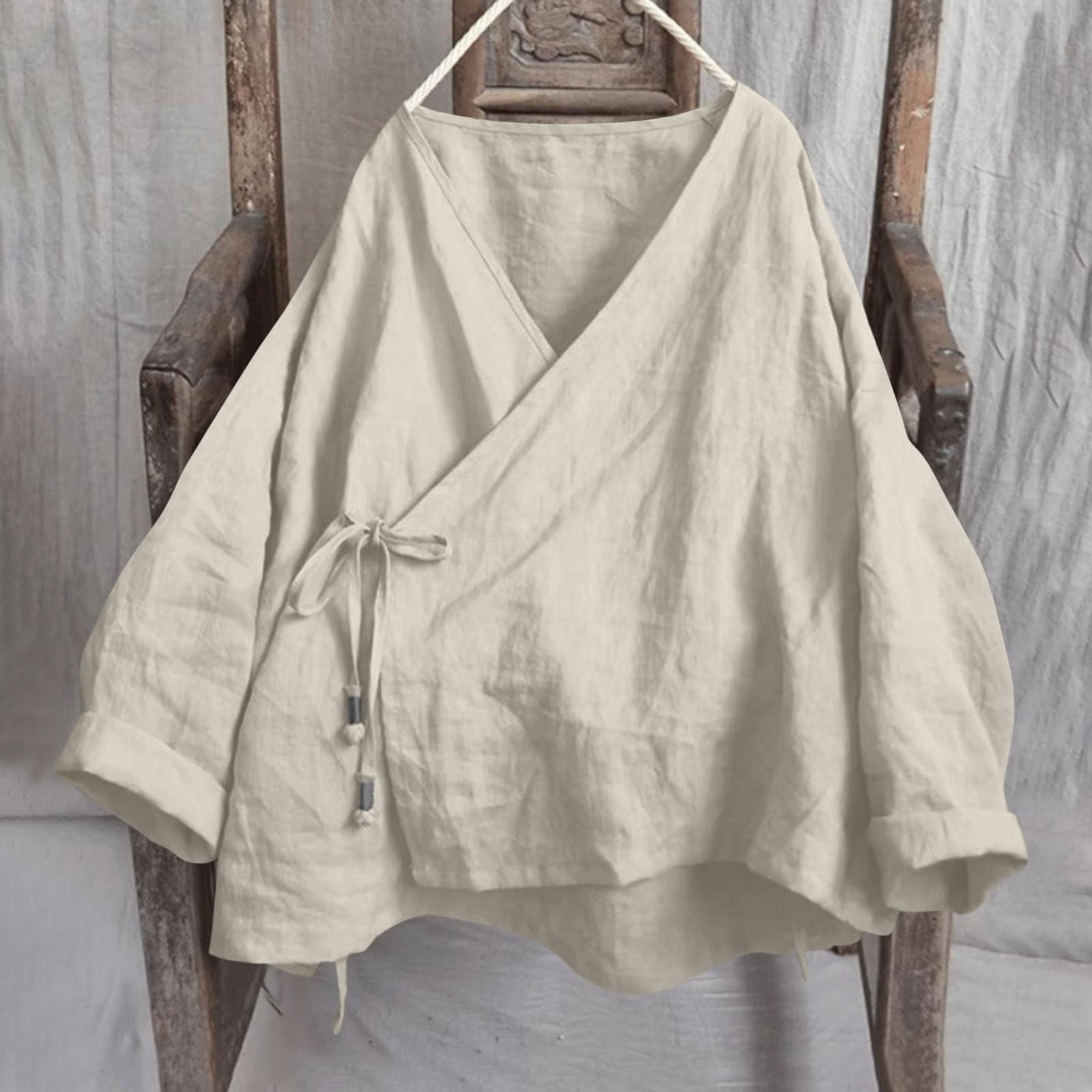 

Womens Fashionable Solid Color V-neck Long Sleeved Lace Cotton And Linen Loose Shirt Top L бежевий