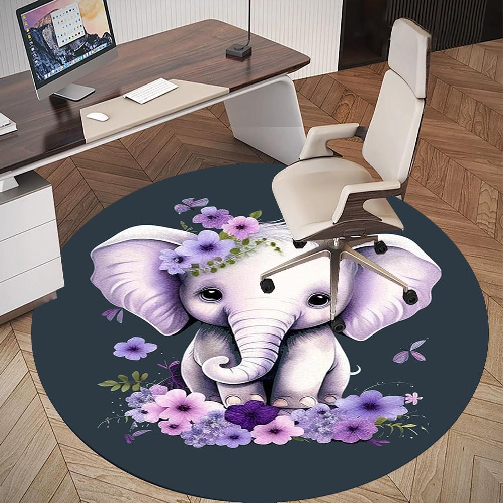 1PC Elephant Flowers Butterflies Round Chair Mat Area Rug - Non-Slip, Floor Mat for Office, Bedroom, Home Decor Christmas Gift C0528028