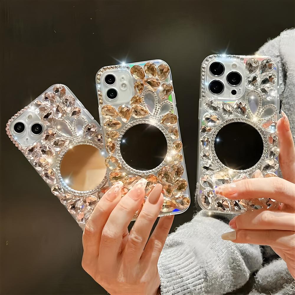 Glitter Crystal Rhinestone Phone Case with Mirror, Clear Bling Floral Cover For OPPO Realme 14 Pro Plus 14X 14T 13 12 Lite 4G 5G