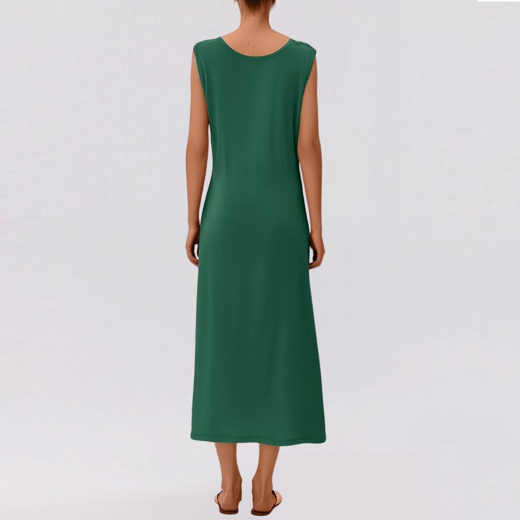 Women's Fashion Casual Summer Sexy Color Round Neck Sleeveless Navel Slit Dress