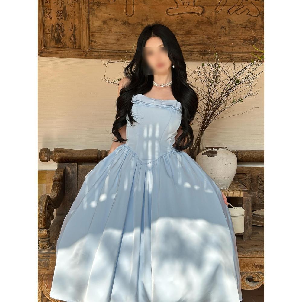 Blue Dress, Beautiful Light Dress, Heavy Work Bow, Princess Skirt, Satin Waist, Birthday Dress, Women's Summer