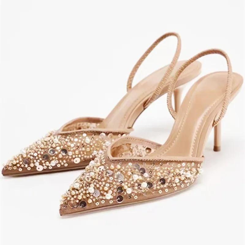 Luxury Bling String Bead Decorate Heels Women Fashion Pointed Toe Mesh Designer Shoes Elegant Thin Heel Slingback Zapatos Mujer