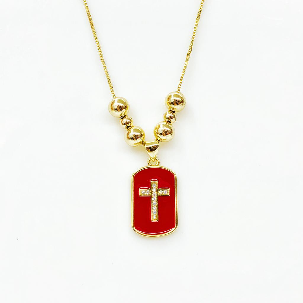 White Black Red Enamel Art Cross Zirconia Pendant Necklace: New Fashion for Women Party Pearl Chain Choker Religious Prayer Gift