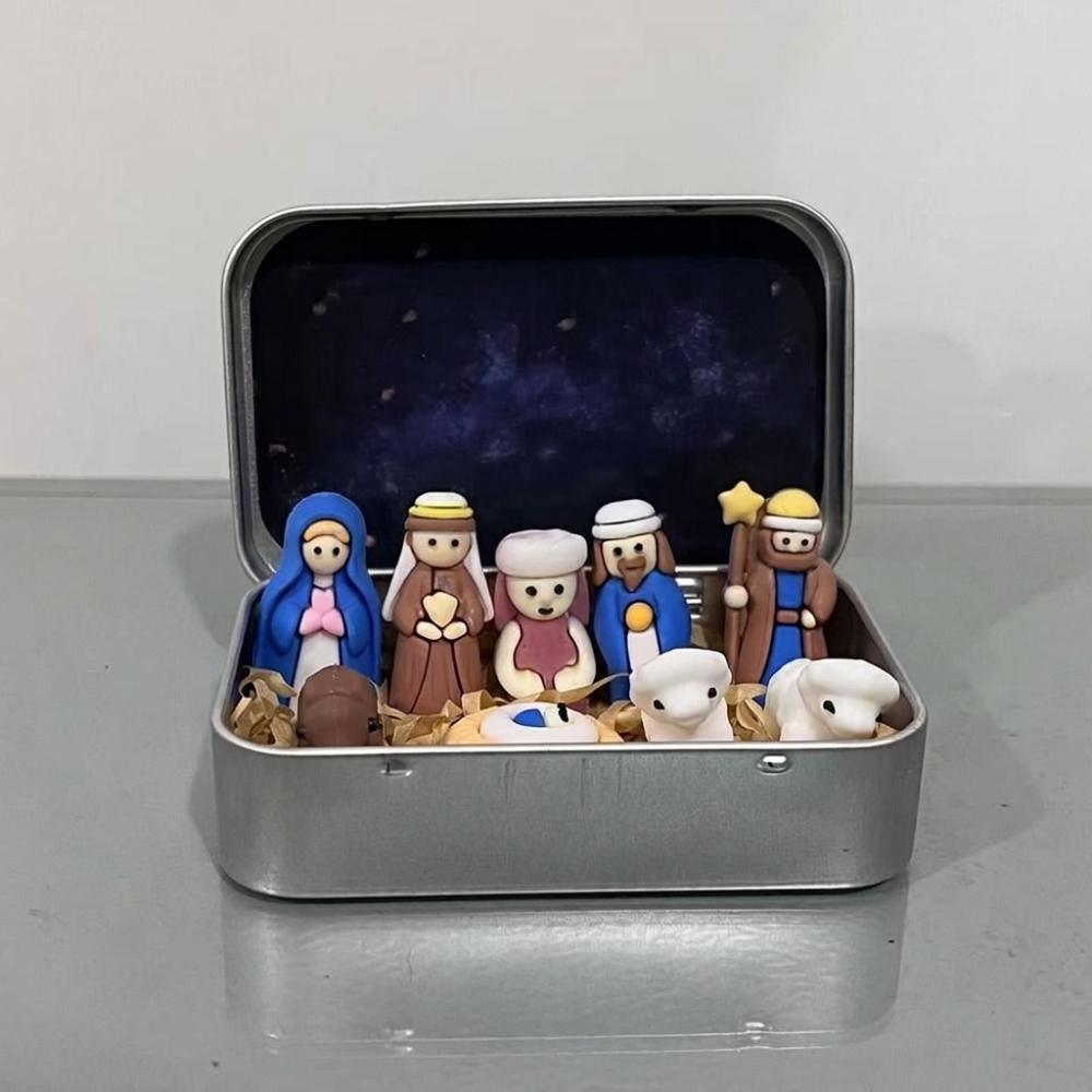 Hand Painted Mini Christmas Nativity Set Shepherd Animal Xmas Manger Ornaments  Bookshelf Decor