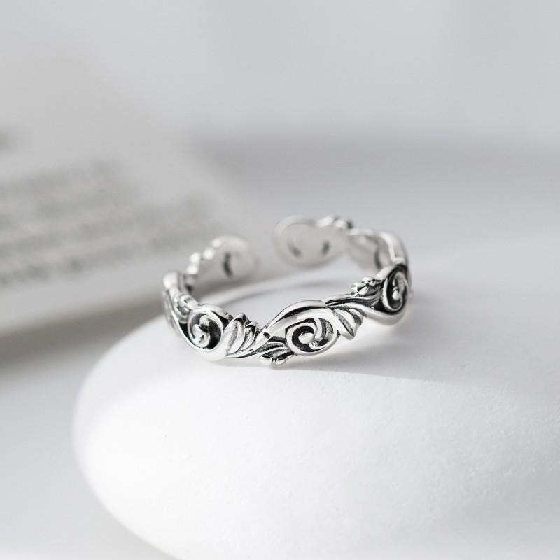 Adjustable Open Ring Women Men Vintage Scroll Leaf Motif Copper Band Retro Boho Chic Jewelry