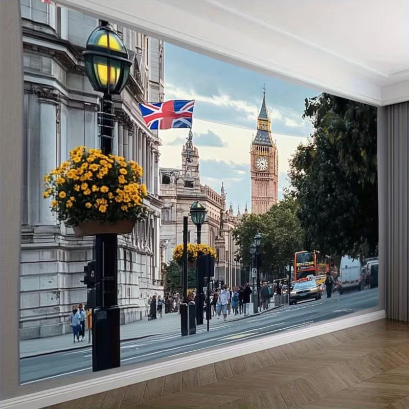 2D London Street Tapestry, UK Themed & Bedroom Aesthetic Decoration