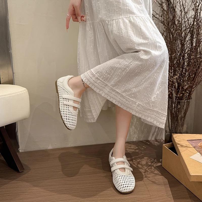Niche Retro Woven Shallow Mouth Single Shoes Women's 2025 New Summer Mesh Breathable Soft Sole Casual Mary Jane Shoes Women