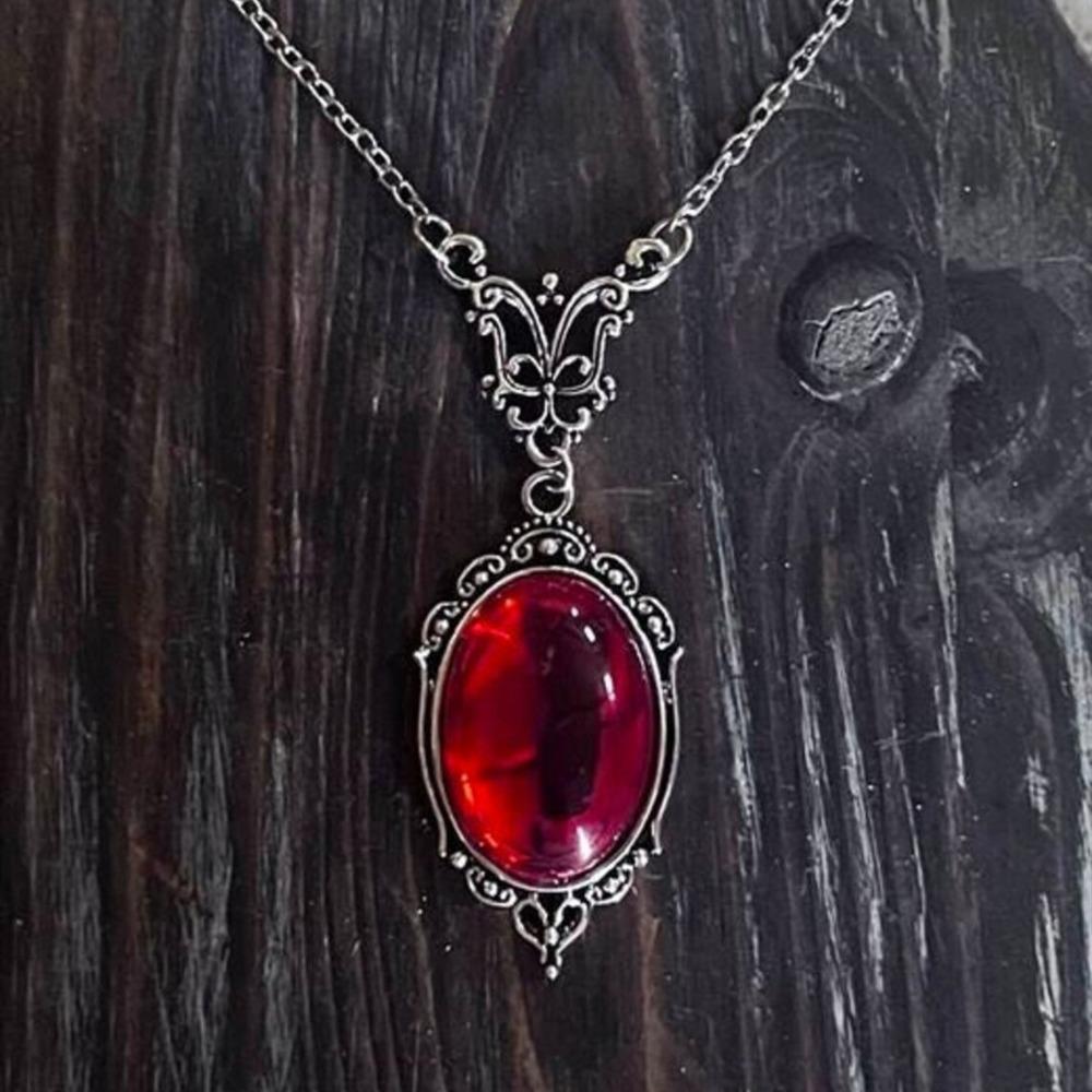 Gothic Retro Blood-red Black Stone Oval Glass Pendant Necklace for Women Hallowmas Party Charm Fashion Jewelry Accessories Gifts