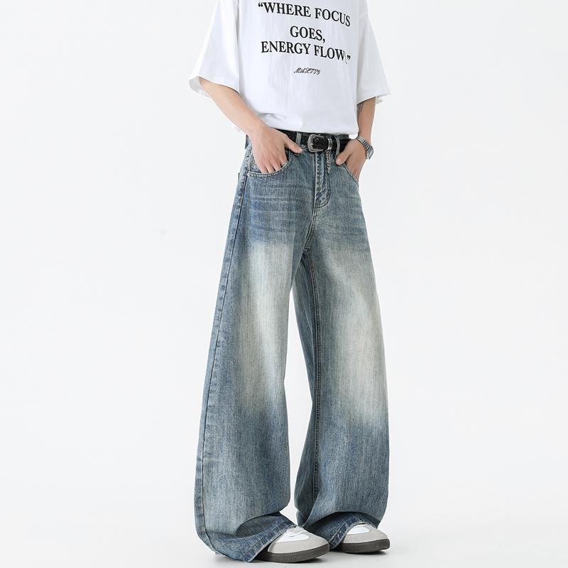Bent Knife Jeans for Men Spring Water Laundry Vintage Trendy American High Street Bamboo Bun Loose Wide Leg Pants