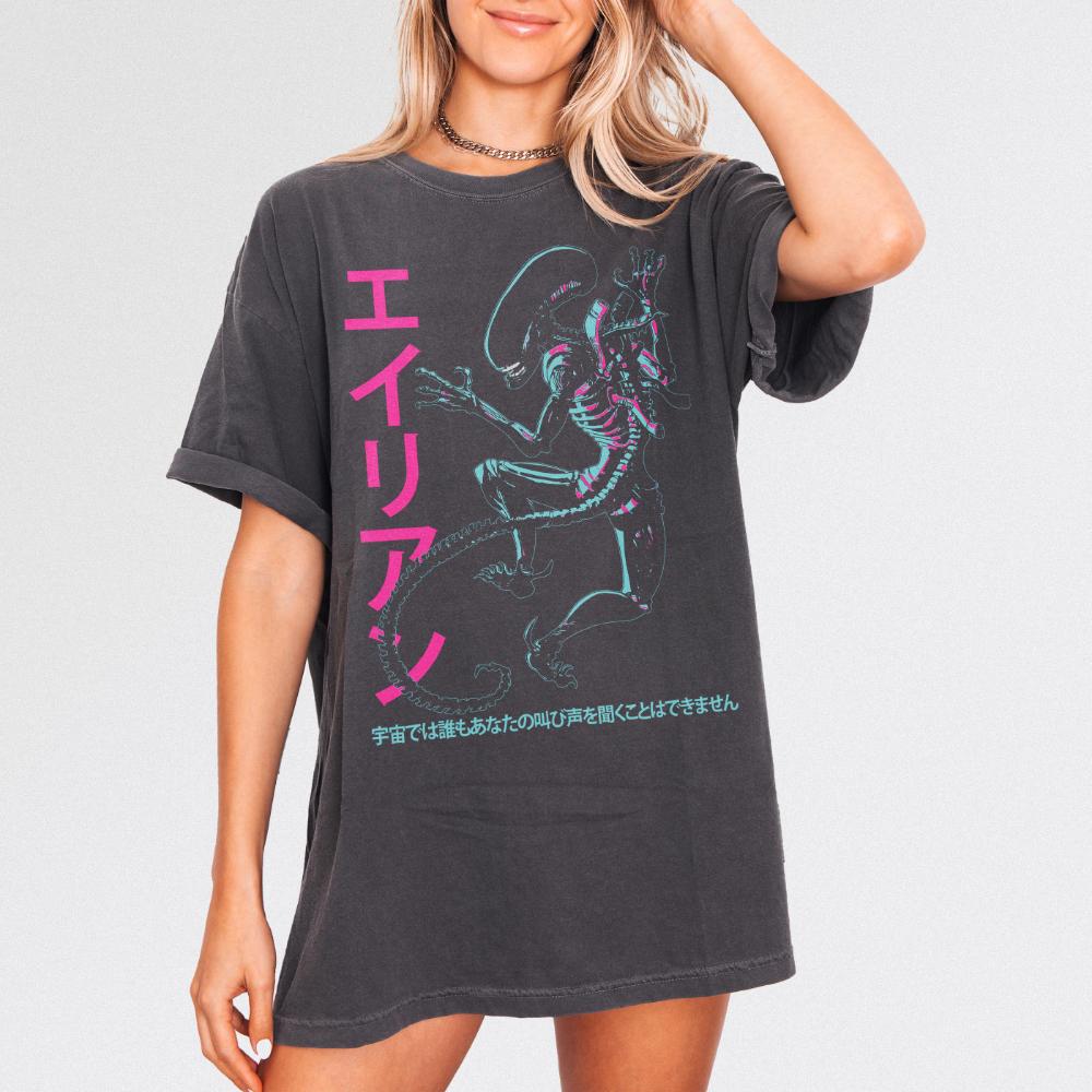 Vintage Alien TShirt Retro Japanese Xenomorph Graphic Tee Oversized T Shirt Aesthetic Clothes S