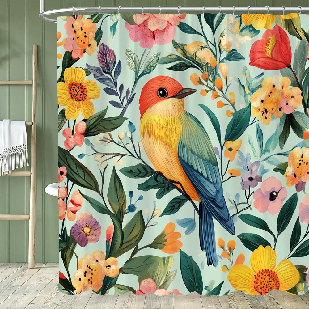 Cartoon Cat Shower Curtain, Bathroom Decorative Flowers Shower Curtains, Home Printed Polyester Fabric Curtain with Hooks