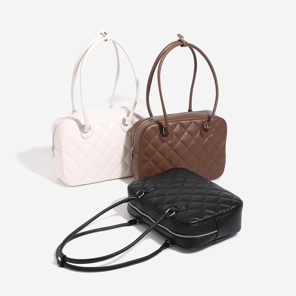 Large Capacity Toast Bag, Computer Bag, New Small Fragrant Style Portable Shoulder Tote Bag, Diamond Grid Boston Bowling Bag