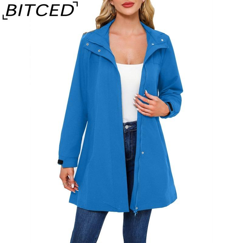 BITCED Spring/Fall Detachable-Cap Water-Resistant Trench Coat for Women Solid Color Long-Sleeve Lightweight Jacket Casual Women's Wear