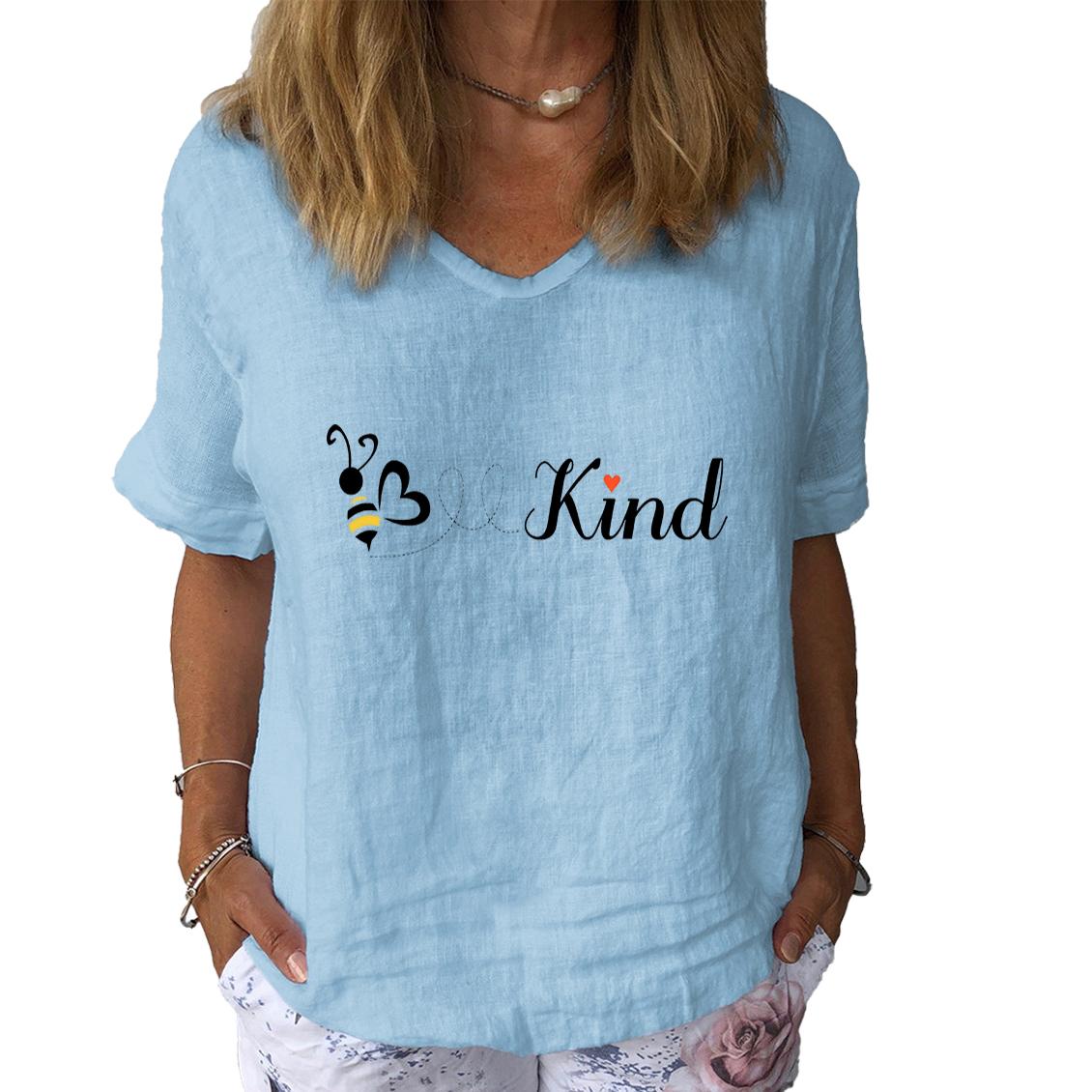 

Женская модная хлопковая льняная футболка, повседневная футболка с V-образным вырезом и коротким рукавом, женская футболка с принтом 3XL светло-синий