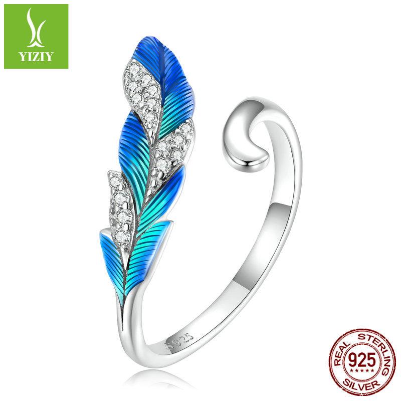 Yin Ziyun Schillerndes Blaues Feder-Ohrring- & Ring-Set: Exotischer ethnischer Stil, S925 Sterlingsilber.