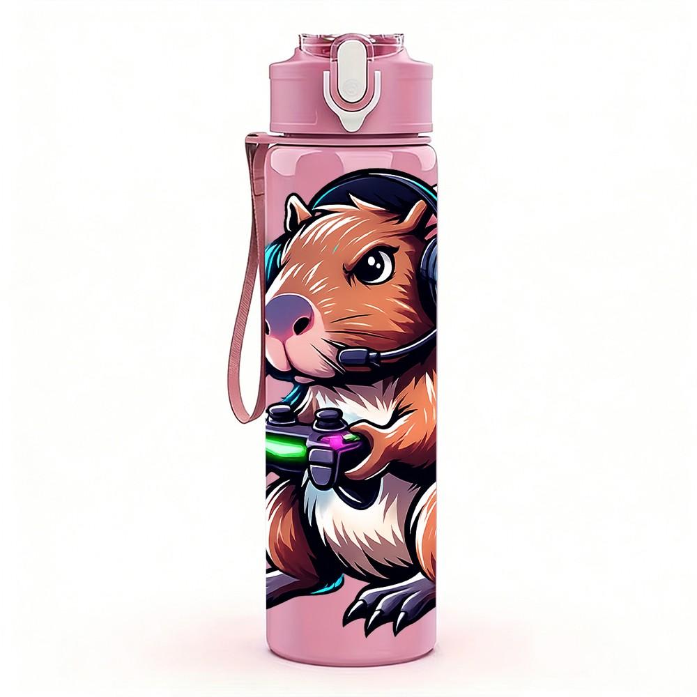 1PC Cute Beaver Backpack Cartoon Print 750ml Color Plastic Sports Water Bottle Leakproof Flip Straw Lid Suitable for Sports Office Home Use