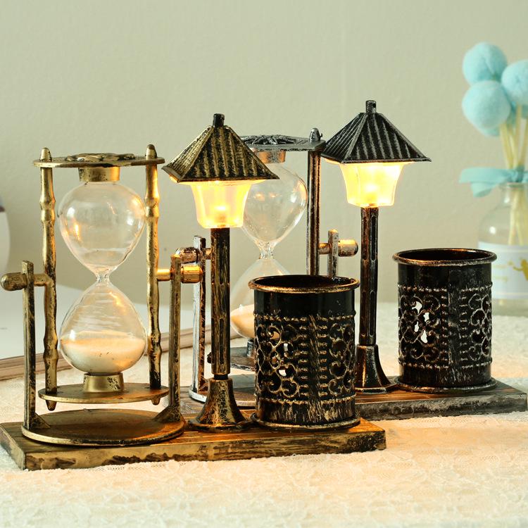 Antique Flow Sand Street Lamp Pen Holder Student Gift White Hourglass Color Changing Small Night Light Ornaments