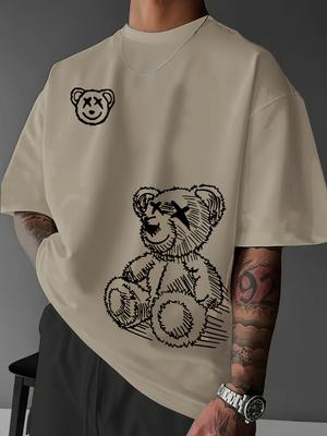 Summer Men's 100% Pure Cotton Casual Sports Loose and Fashionable Cartoon Bear Pattern Printed Round Neck Short Sleeved T-shirt