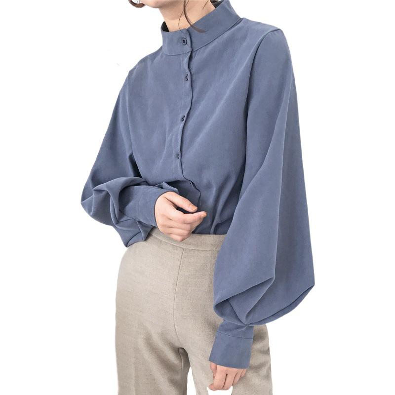 2025 Retro Hong Kong Style Stand-Up Collar Single-Breasted Lantern Sleeve Shirt