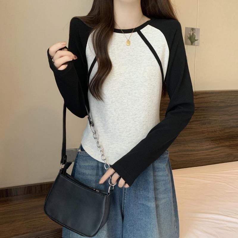 Wiosna Jesień Okrągły Dekolt Patchworkowy Dół T-shirt Kobiety Długi Rękaw Casual Moda Pulower Bawełniany T-shirt Top