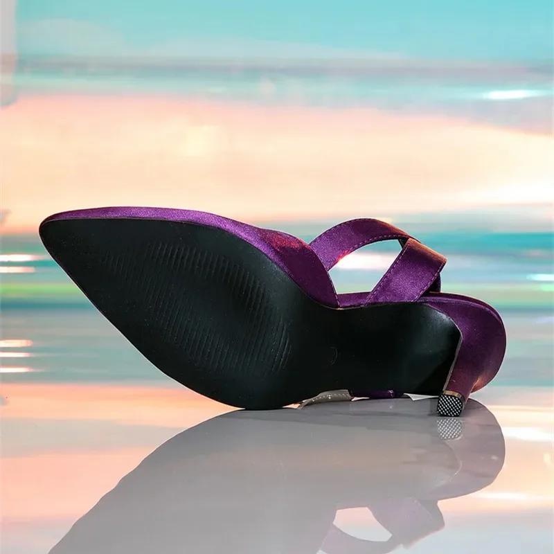 Fashion Purple Satin Designer Women Pumps Sexy Pointed Toe Rhinestone Buckle Ankle Strap High Heels Dress Shoes Spring Heeled Sandals