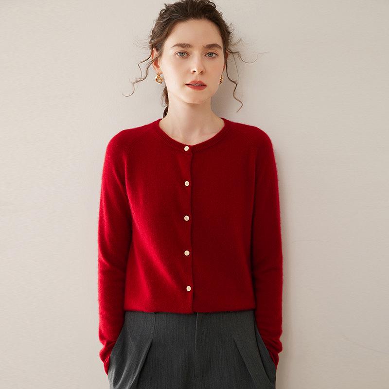 Women's Loose Fit Cashmere Raglan Cardigan – Round Neck, Long Sleeve, Solid Color