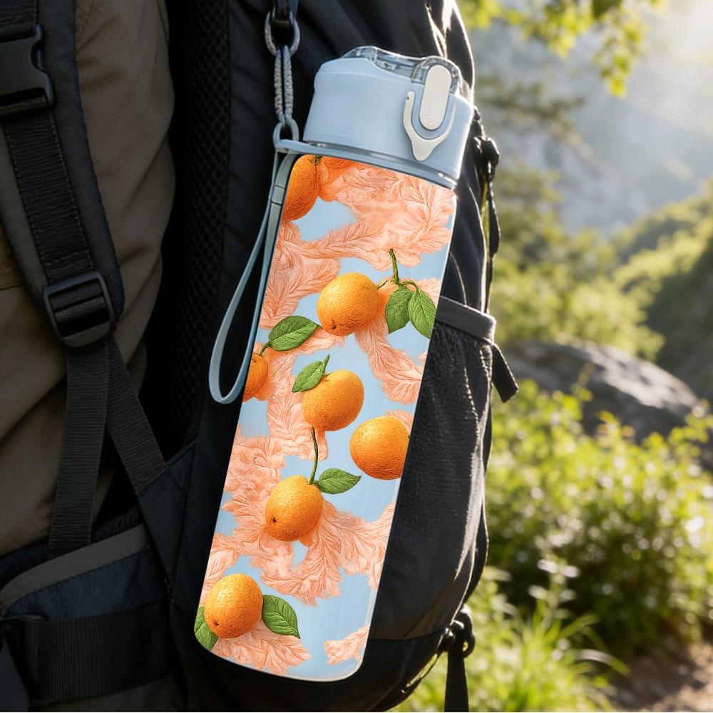 1PC Orange Citrus Fruit 750ml Color Plastic Sports Water Bottle Leakproof Flip Straw Lid Suitable for Sports Office Home Use