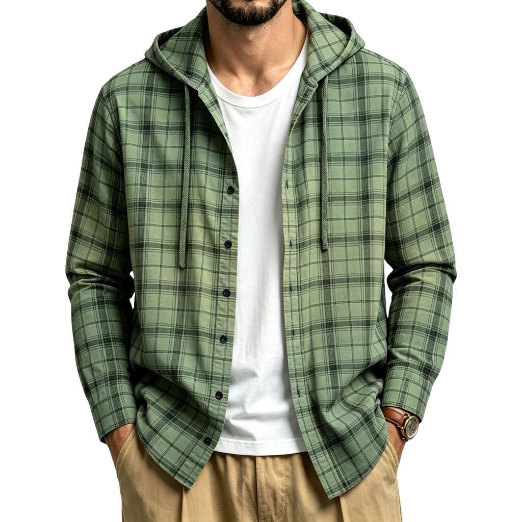 Men's Retro Casual Lightweight Loose Fit Plaid Hooded Long Sleeve Sun Shirt