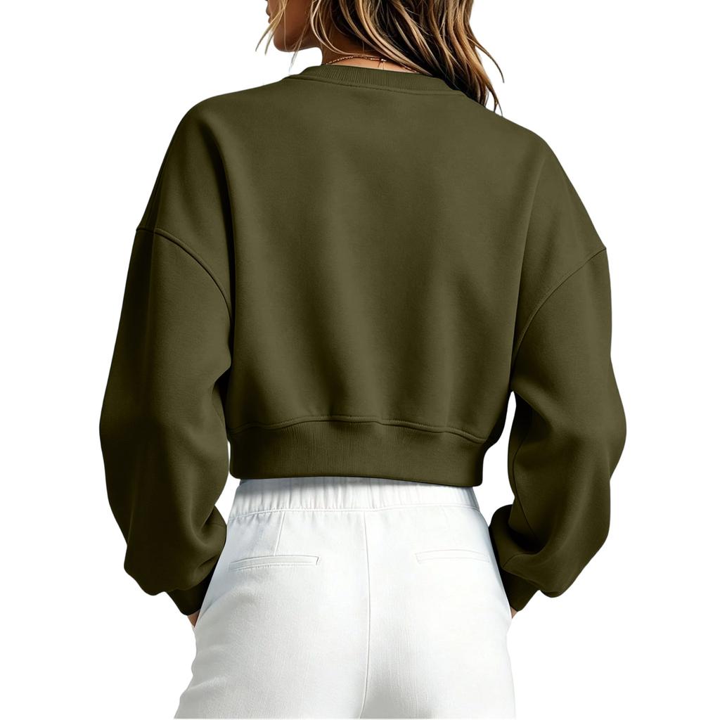 Women's Cropped Pullover Sweatshirt with Oversized Round Neck and Long Sleeves for Casual Wear