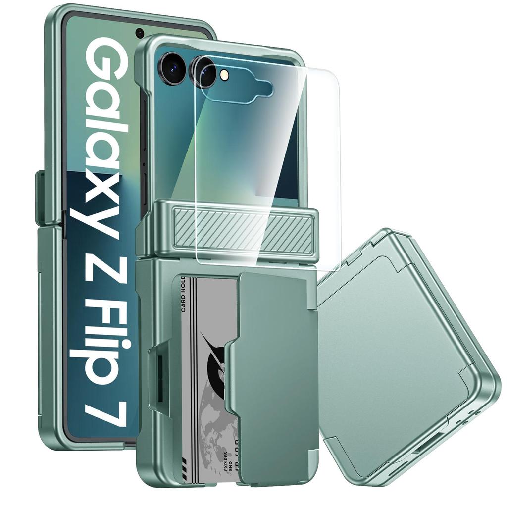 For Samsung Galaxy Z Flip 7 with Card Holder [RFID Blocking] & Hinge Protection & HD Screen Protector,Rugged Anti-Scratch Phone Case-Mint Green