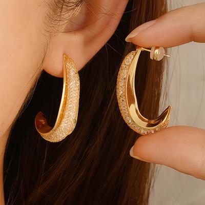 C-Shaped Earrings Geometric Round Mesh Gravel Earrings Copper Material Design Sense Light Luxury Jewelry Gold And Silver