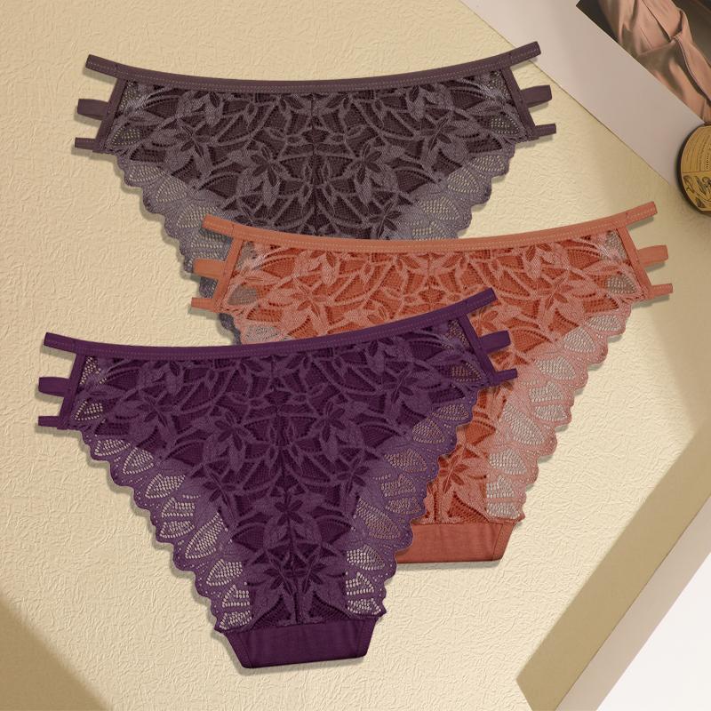 3Pcs Women's Three Belts Underwear Sexy Lace Hollow Out Panties Female Low-Waist Breathable Briefs Stretch Soft Lingerie
