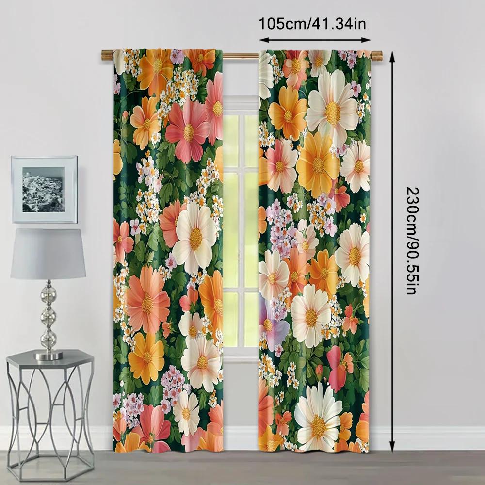 Curtain Cloth Print Beautiful Flowers Polyester Without Rod Thermal Insulation Functions Perfect Curtains Room Darkening Set Of 2 Made