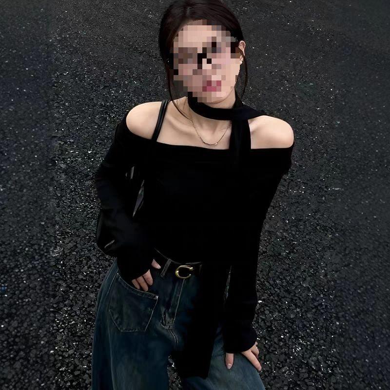 Black Top With One Shoulder Neckline For Fall Fashion Comfort