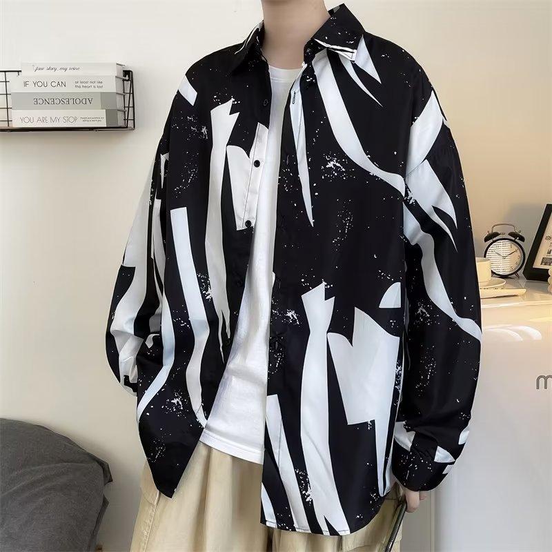 Autumn Retro Buckle New Chinese Style Stand Collar Shirt Men's Niche Graffiti Printing Design Sense Ruan Handsome Top