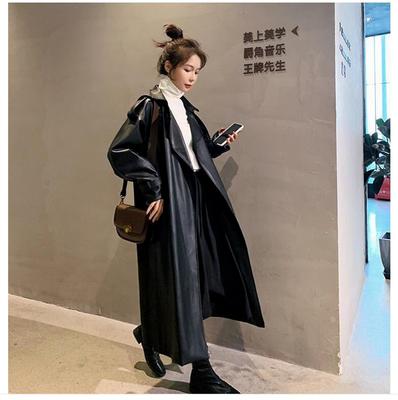 Otoño negro largo de gran tamaño impermeable de cuero gabardina para mujeres de manga larga suelta ropa de moda coreana