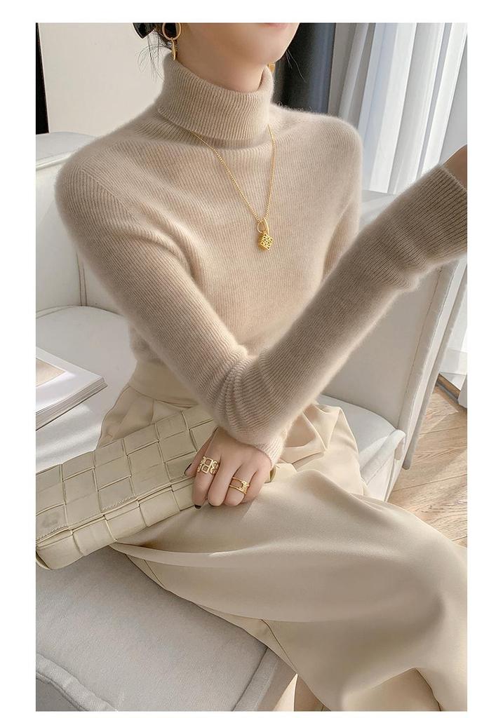 Women's Slim Fit Wool & Cashmere High Neck Sweater - Seamless, Solid Color for Autumn/Winter.