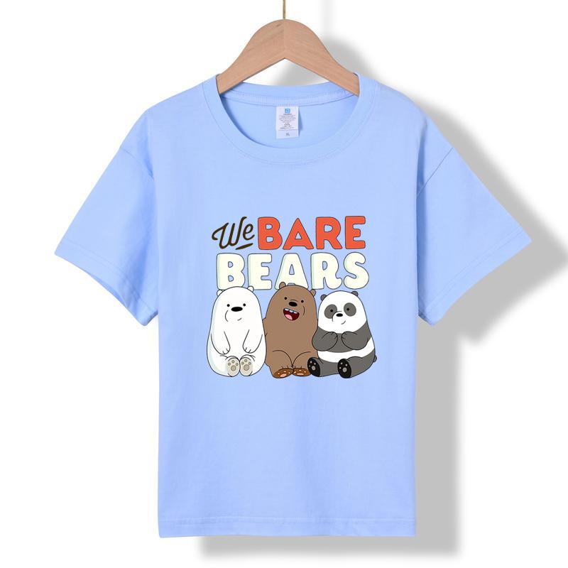 MC-86 MINISO 2026 Summer Kids 100% Cotton We Bare Bears T-Shirt Cute Cartoon Grizzly, Panda & Ice Bear Short Sleeve Tee for Boys & Girls