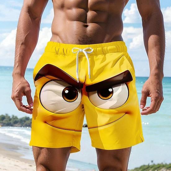 Men Shorts Elastic Waist Tie Cartoon 3D Printed Casual Shorts with Pockets Loose Fit Lightweight Breathable Beach Vacation Sports Shorts