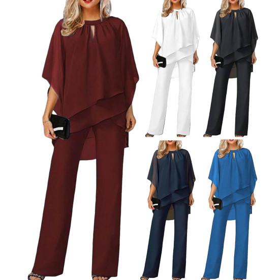 2 szt./zestaw Damski zestaw top i spodnie ażurowe z rękawem 1/2 z okrągłym dekoltem