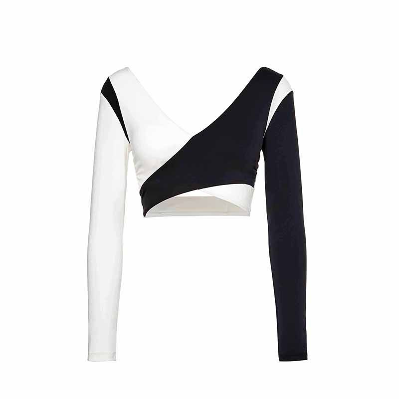 

Повседневная одежда для йоги на открытом воздухе, с длинным рукавом, черно-белая, облегающая, лоскутная, дышащая спортивная одежда для бега, фитнеса, топ с V-образным вырезом, контрастного цвета Black and white color matching(Quality Edition) S