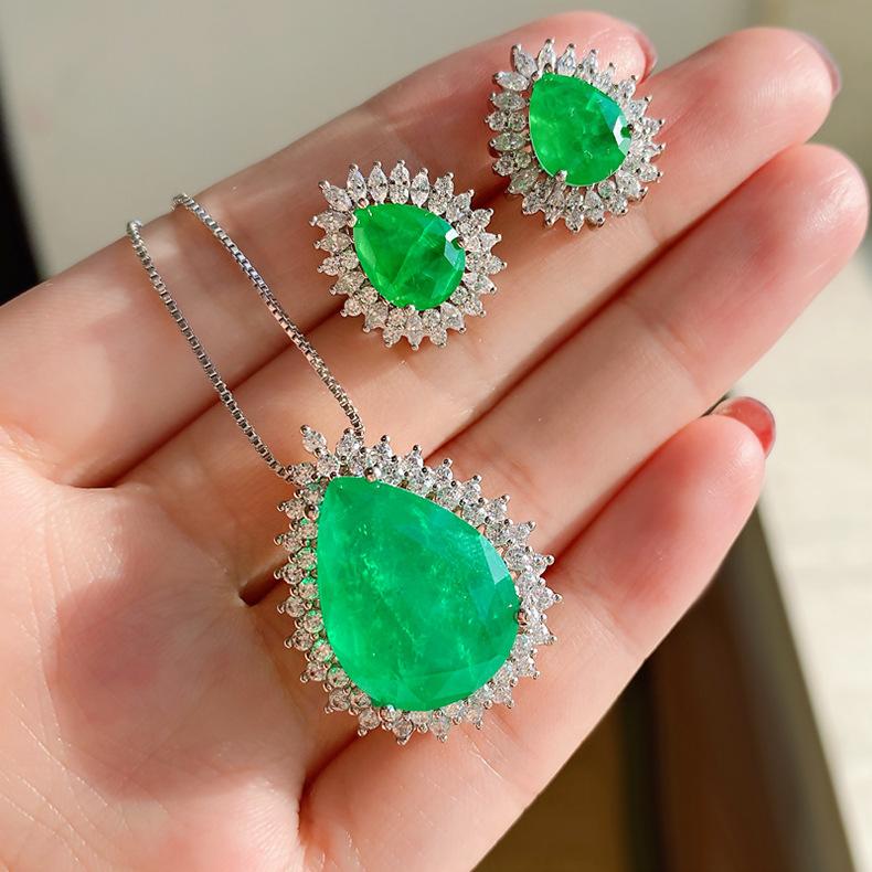 Cross Border Paraiba Water Drop S925 Silver Needle Earrings Emerald Green Micro Inlaid Imitation Temperament Light
