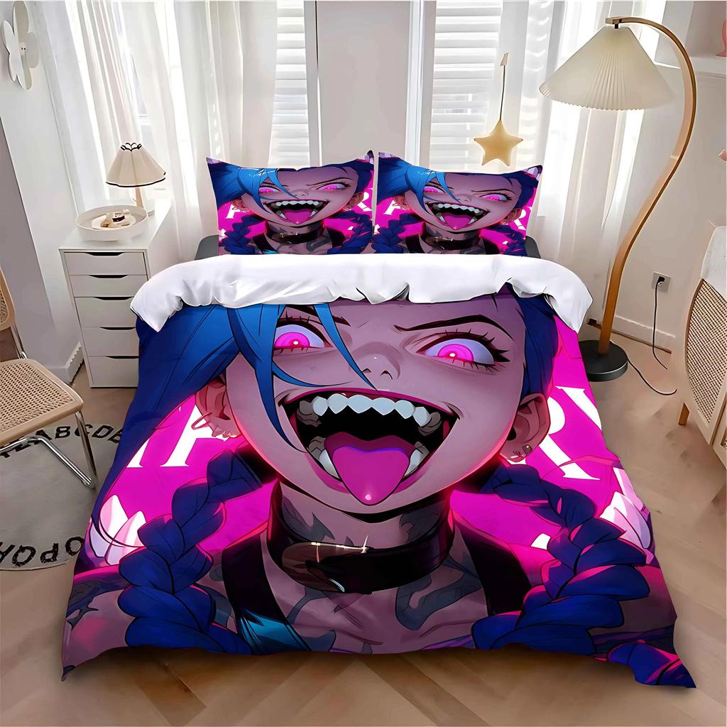 Exquisite 3D Arcane Jinx Wallpaper Game Wild Rift Print Bedding Set Duvet Cover Comforter Bed Youth Girls Boys Gift