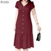 ZANZEA Women Casual V-Neck Summer Short Sleeve Solid Color Dress