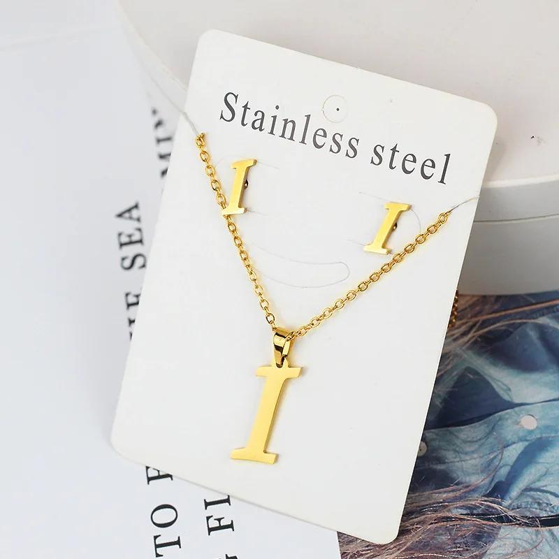 Stainless Steel Letter Necklace Bracelet Earring Zircon Set for Women Alphabet Pendant Necklace Party Gift