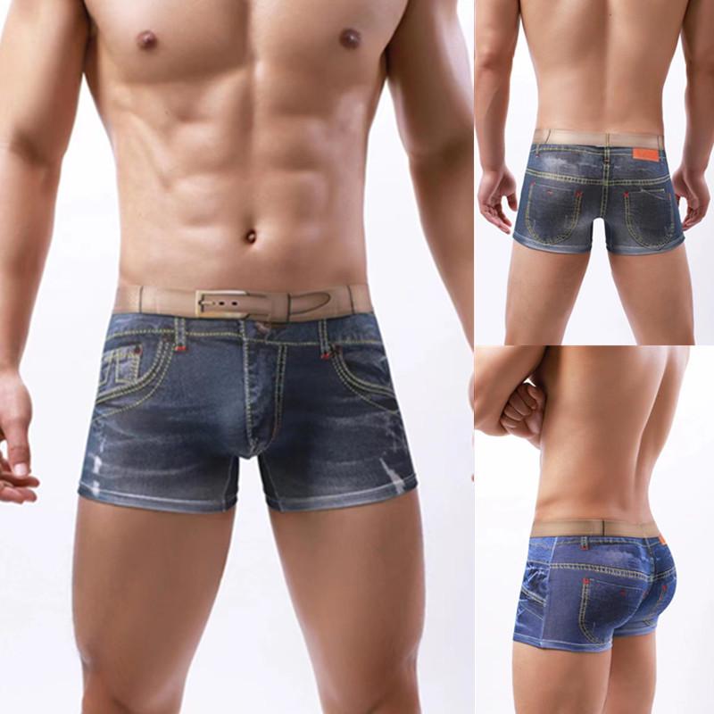 Men's 3D Faux Denim Print Boxer Briefs, Cotton Underwear Trendy Trunk.