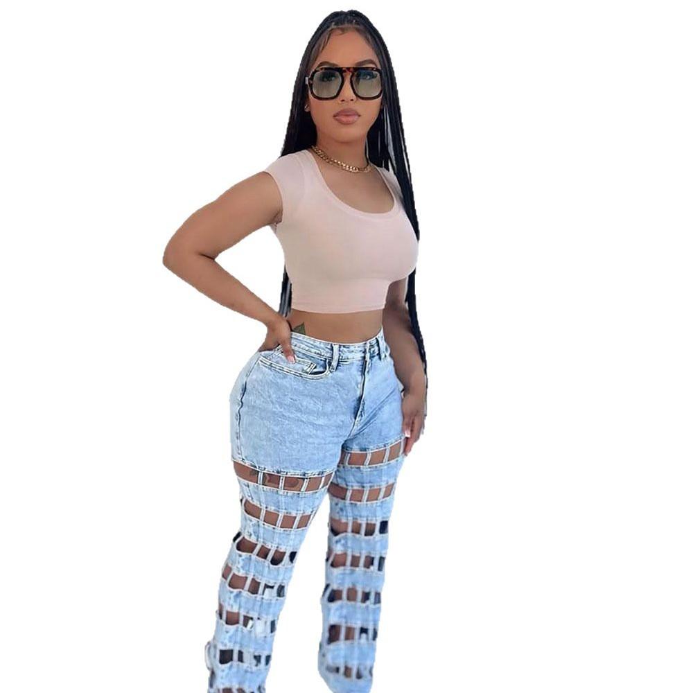 Women's High Waisted Cargo Pants with Grid Cut Out Design Light Blue Denim Look Trousers